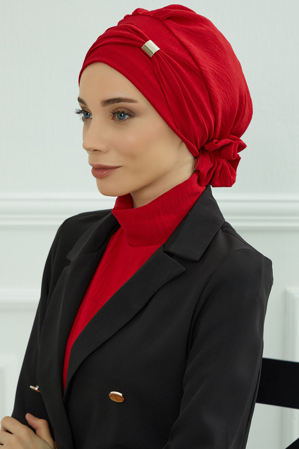Instant Aerobin Turban Hijab for Women with Gold Accent, Pre-Tied Cotton Blend Headwrap, Modest Ready to Wear Headscarf,HT-95 Red