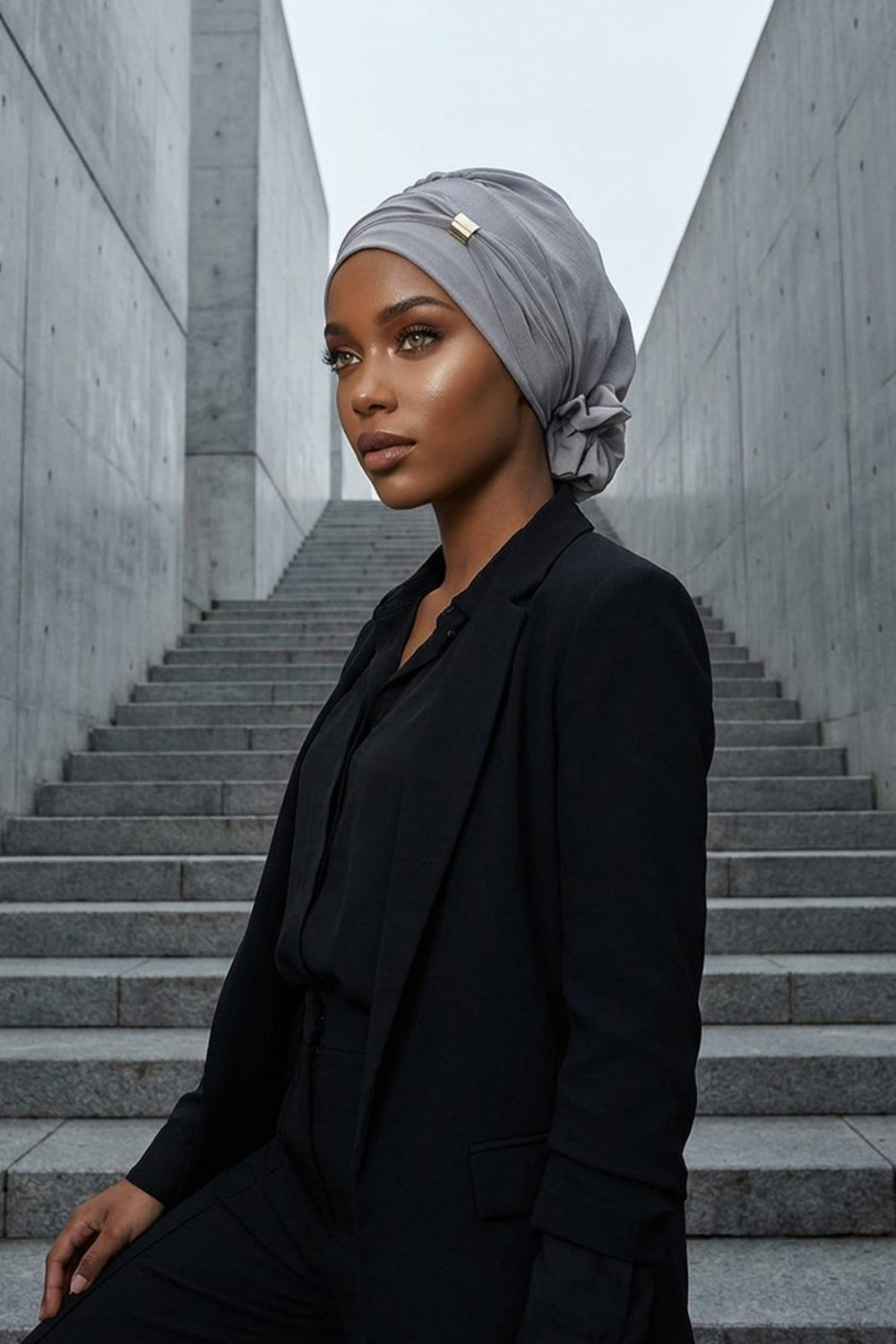 Instant Aerobin Turban Hijab for Women with Gold Accent, Pre-Tied Cotton Blend Headwrap, Modest Ready to Wear Headscarf,HT-95 Grey