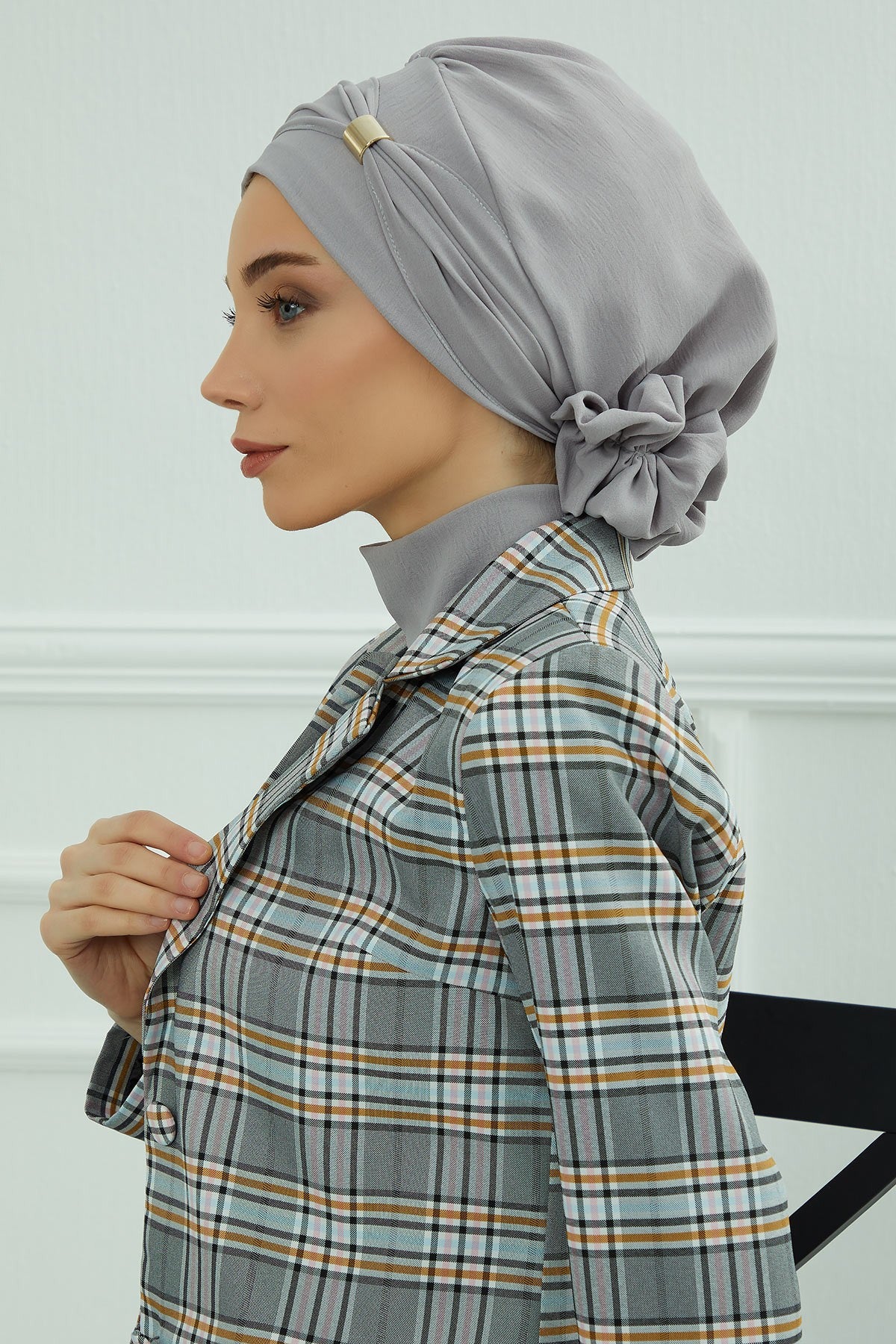 Instant Aerobin Turban Hijab for Women with Gold Accent, Pre-Tied Cotton Blend Headwrap, Modest Ready to Wear Headscarf,HT-95 Grey