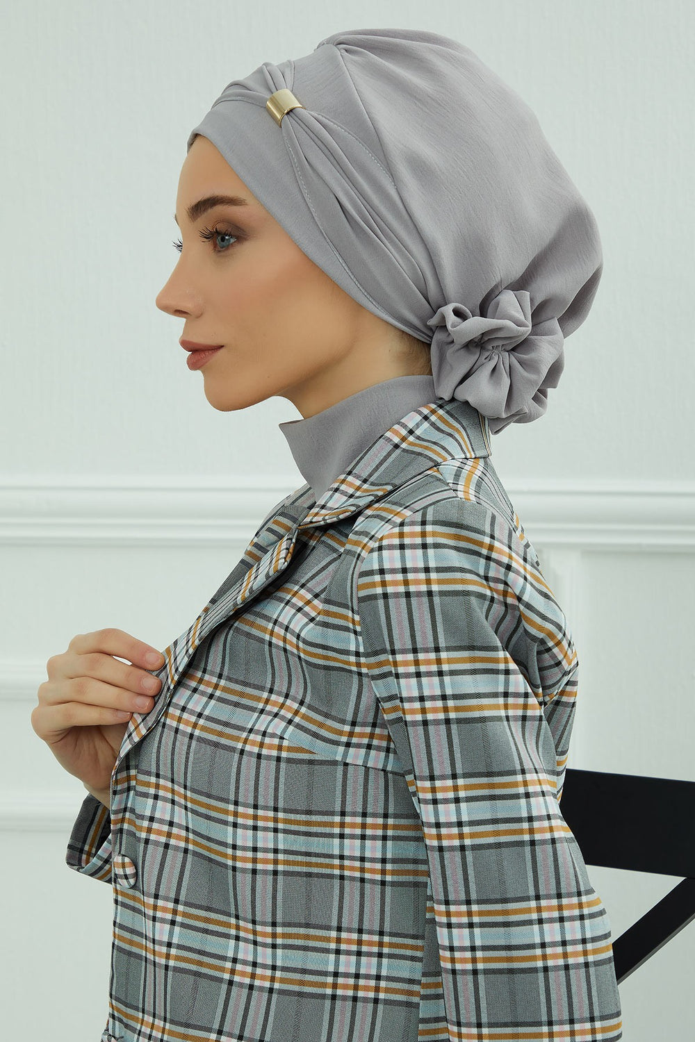 Instant Aerobin Turban Hijab for Women with Gold Accent, Pre-Tied Cotton Blend Headwrap, Modest Ready to Wear Headscarf,HT-95 Grey