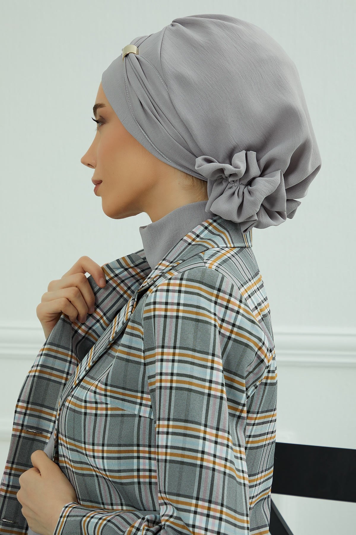 Instant Aerobin Turban Hijab for Women with Gold Accent, Pre-Tied Cotton Blend Headwrap, Modest Ready to Wear Headscarf,HT-95 Grey