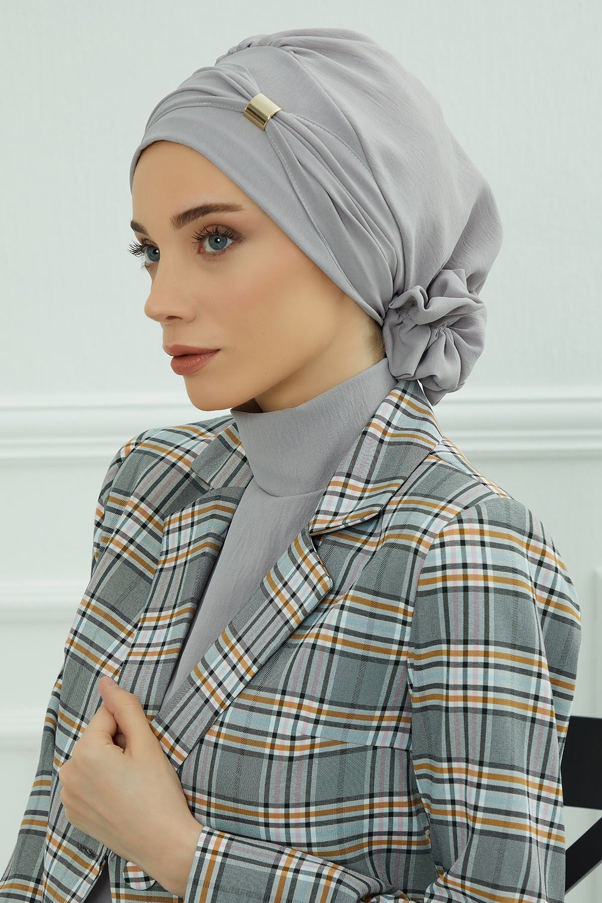 Instant Aerobin Turban Hijab for Women with Gold Accent, Pre-Tied Cotton Blend Headwrap, Modest Ready to Wear Headscarf,HT-95 Grey