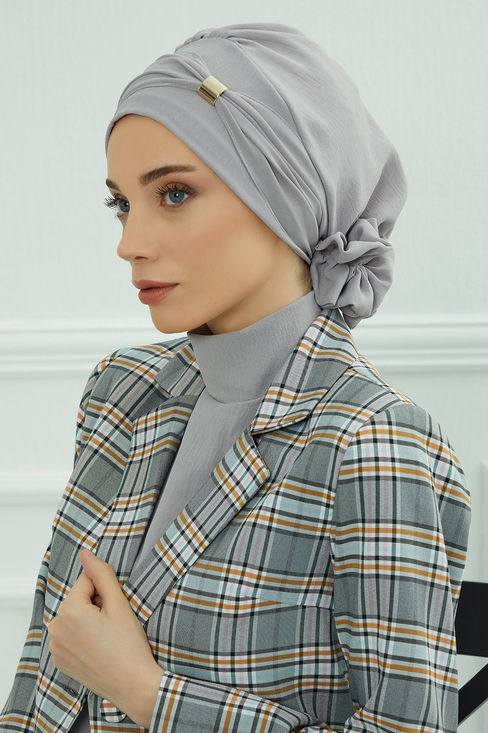 Instant Aerobin Turban Hijab for Women with Gold Accent, Pre-Tied Cotton Blend Headwrap, Modest Ready to Wear Headscarf,HT-95 Grey