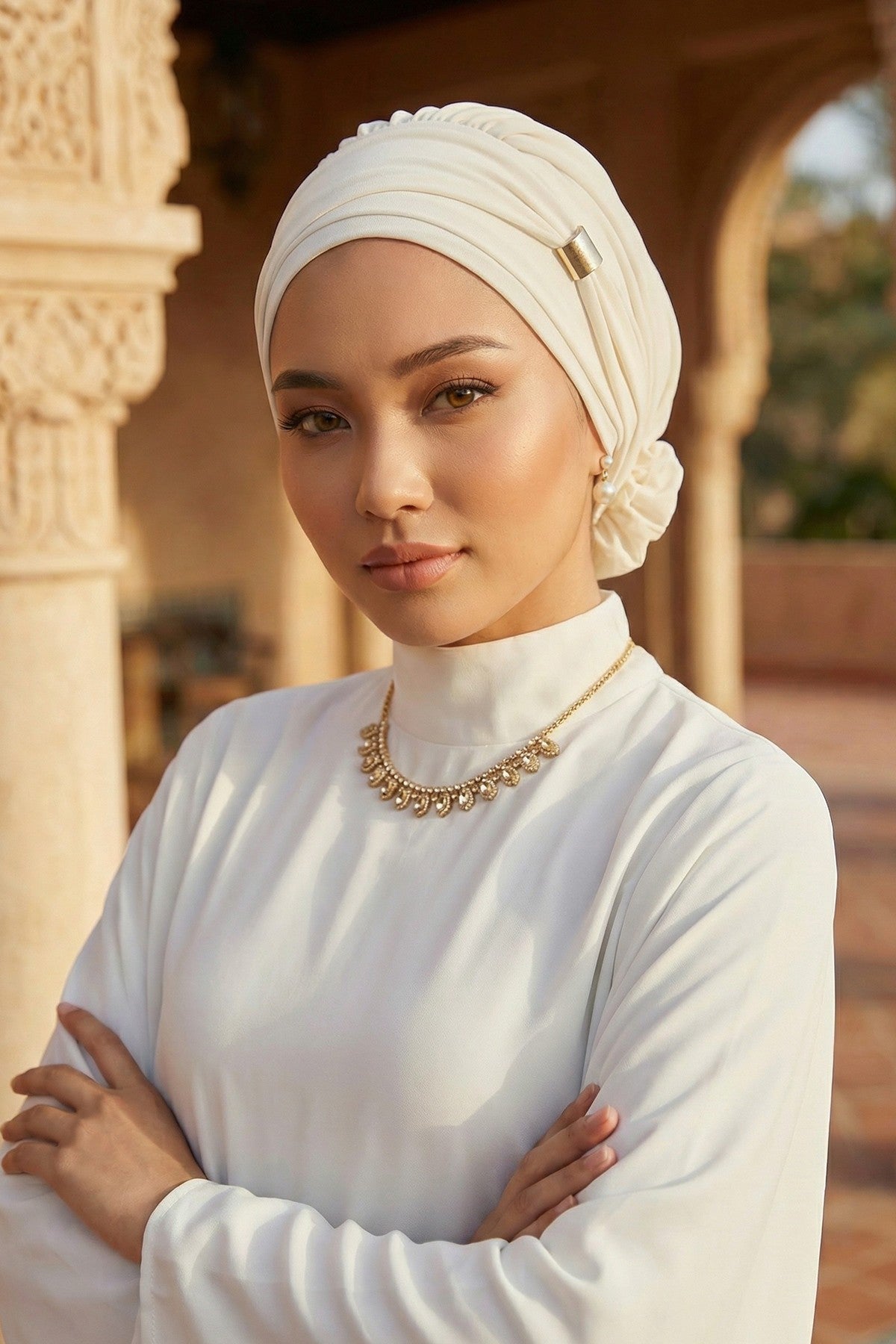 Instant Aerobin Turban Hijab for Women with Gold Accent, Pre-Tied Cotton Blend Headwrap, Modest Ready to Wear Headscarf,HT-95 White