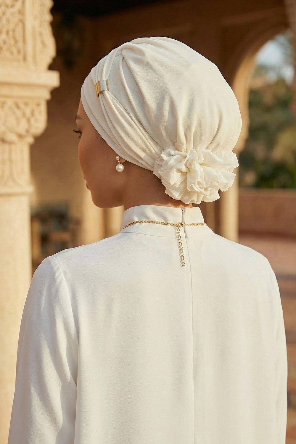 Instant Aerobin Turban Hijab for Women with Gold Accent, Pre-Tied Cotton Blend Headwrap, Modest Ready to Wear Headscarf,HT-95 White