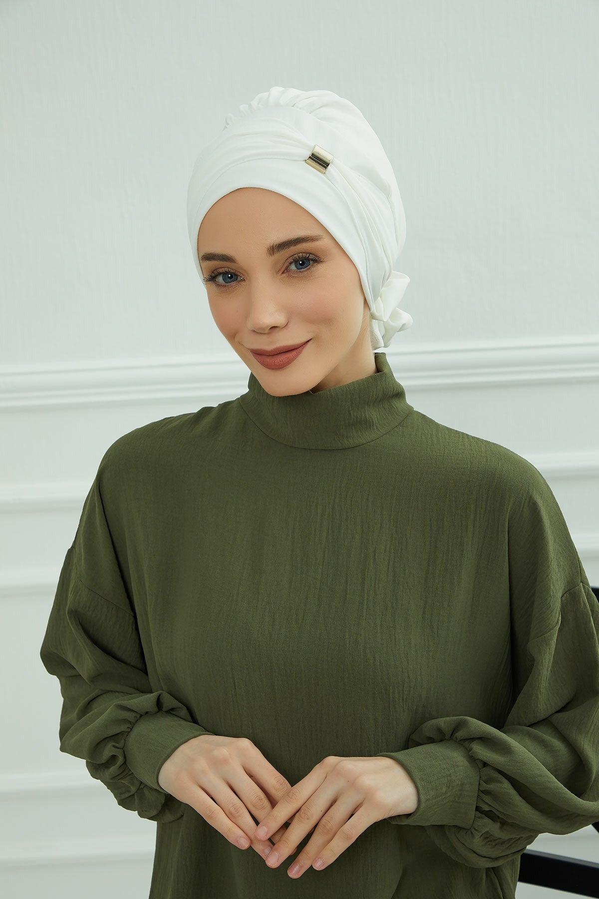 Instant Aerobin Turban Hijab for Women with Gold Accent, Pre-Tied Cotton Blend Headwrap, Modest Ready to Wear Headscarf,HT-95 White