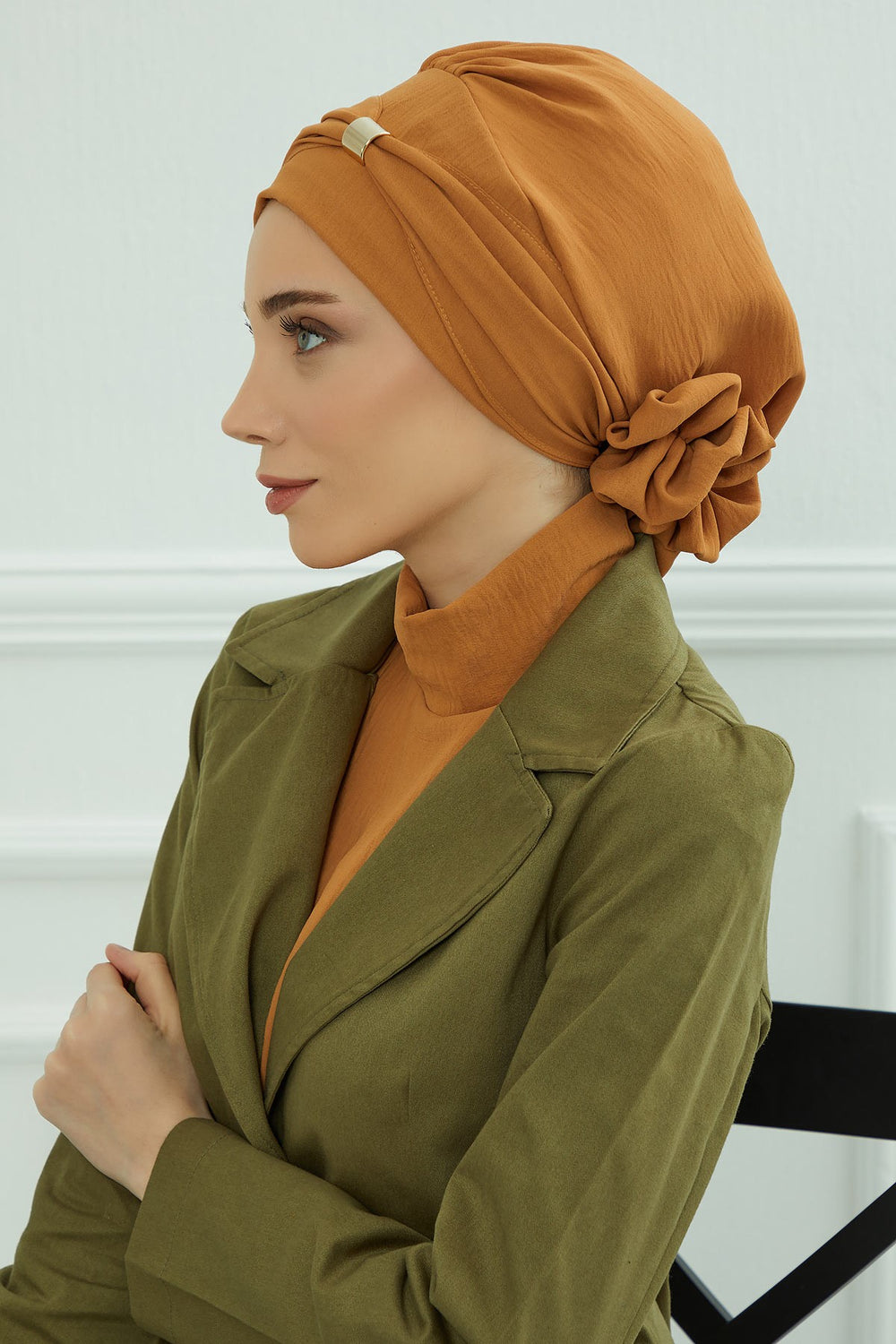 Instant Aerobin Turban Hijab for Women with Gold Accent, Pre-Tied Cotton Blend Headwrap, Modest Ready to Wear Headscarf,HT-95 Tawny Brown