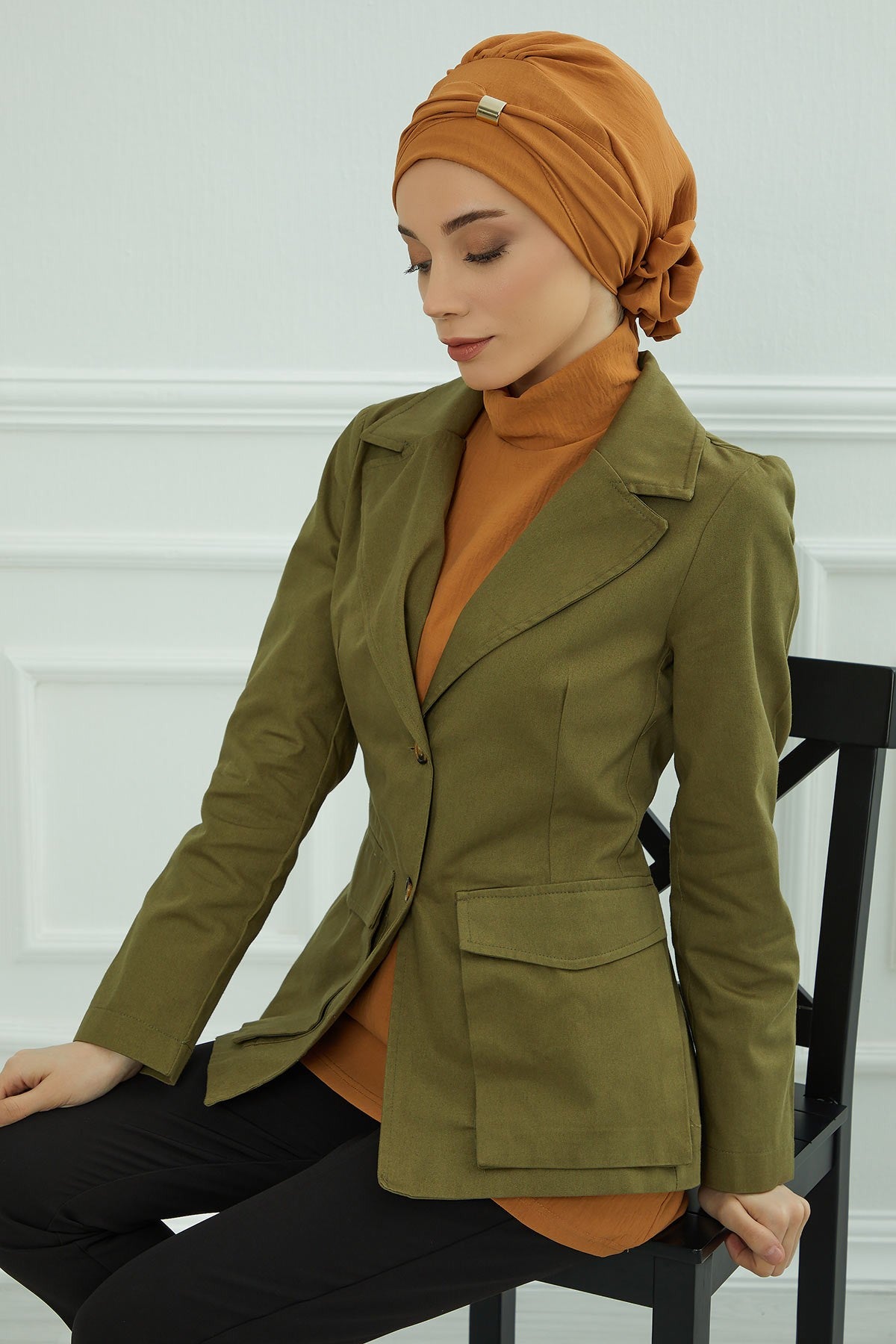 Instant Aerobin Turban Hijab for Women with Gold Accent, Pre-Tied Cotton Blend Headwrap, Modest Ready to Wear Headscarf,HT-95 Tawny Brown