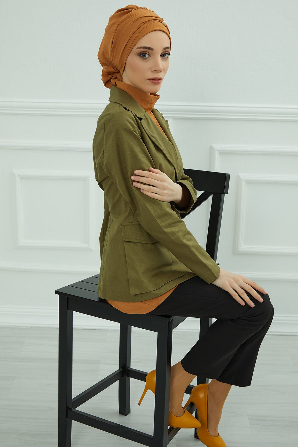 Instant Aerobin Turban Hijab for Women with Gold Accent, Pre-Tied Cotton Blend Headwrap, Modest Ready to Wear Headscarf,HT-95 Tawny Brown