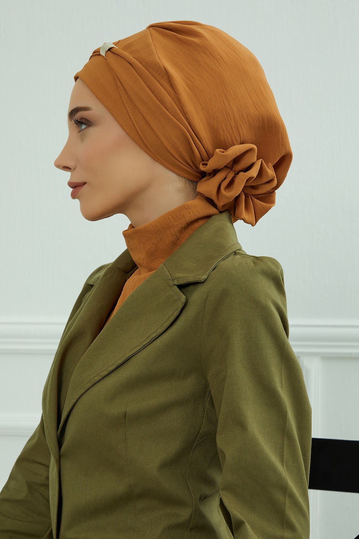 Instant Aerobin Turban Hijab for Women with Gold Accent, Pre-Tied Cotton Blend Headwrap, Modest Ready to Wear Headscarf,HT-95 Tawny Brown