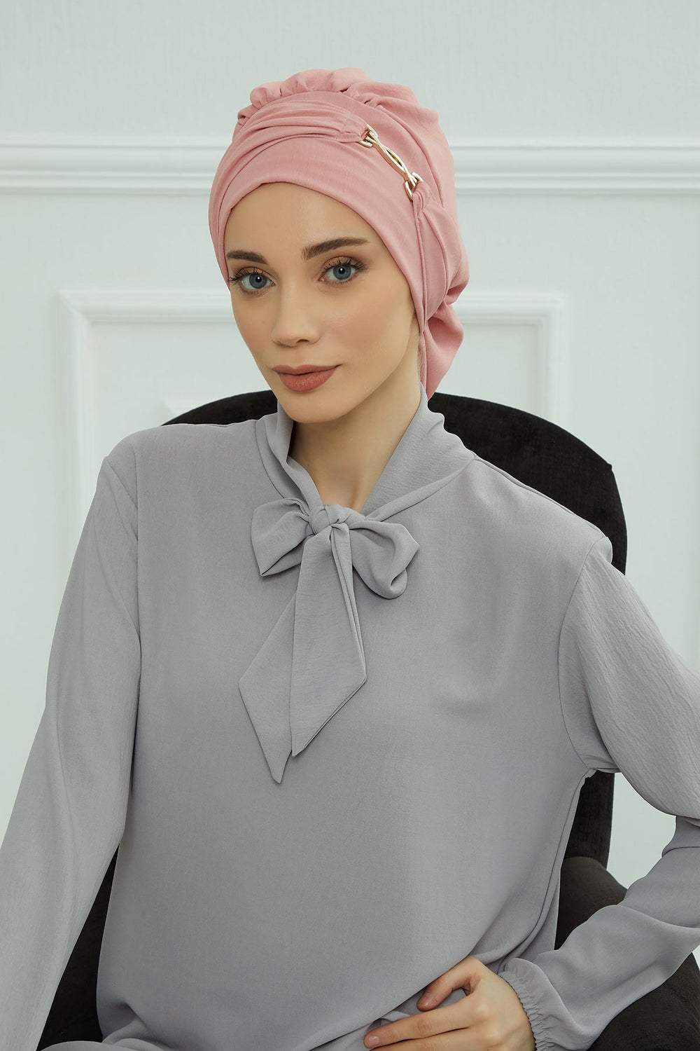 Instant Aerobin Turban with Gold Chain Detail, Pre-Tied Cotton Blend Hijab Cap, Elegant Modest Headwrap for Women,HT-93 Pink