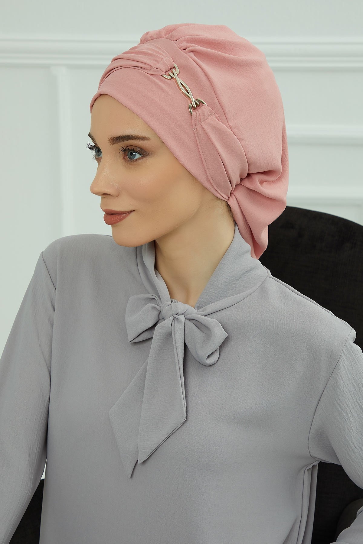 Instant Aerobin Turban with Gold Chain Detail, Pre-Tied Cotton Blend Hijab Cap, Elegant Modest Headwrap for Women,HT-93 Pink