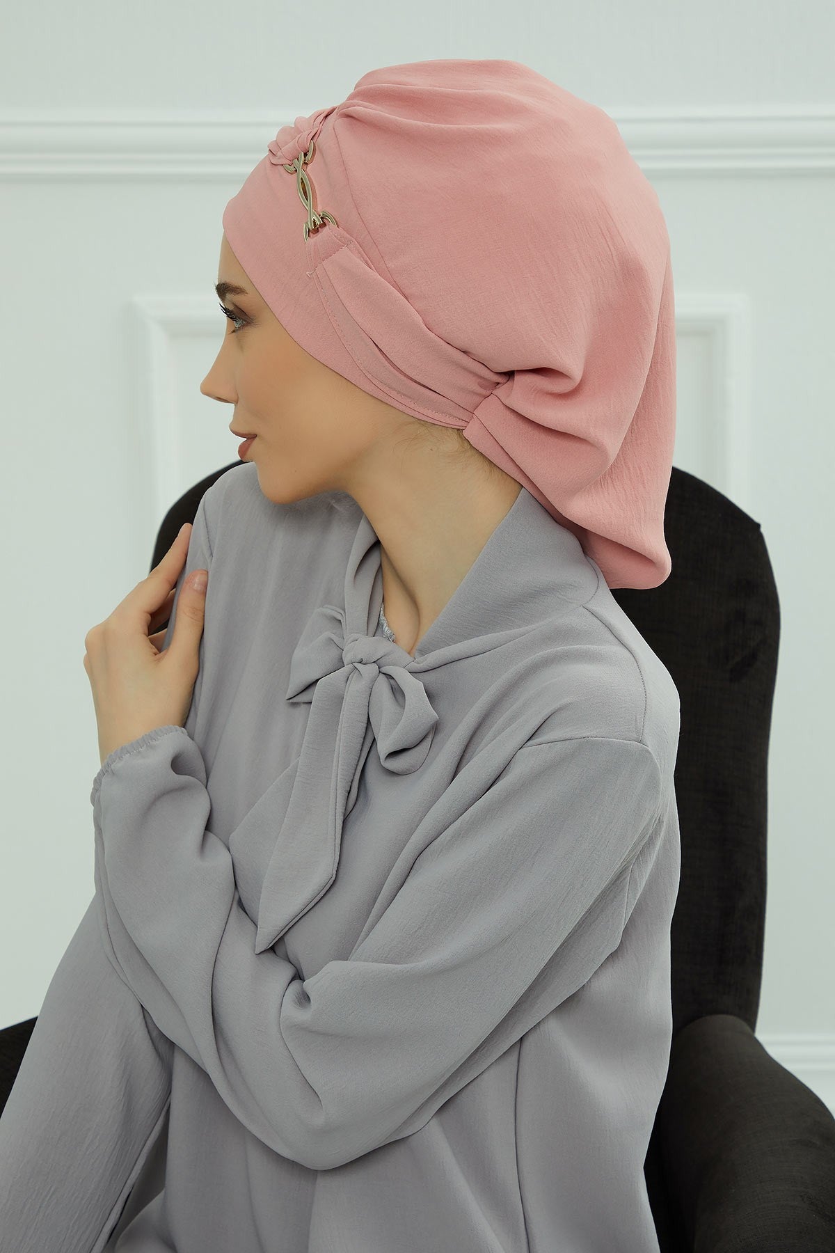 Instant Aerobin Turban with Gold Chain Detail, Pre-Tied Cotton Blend Hijab Cap, Elegant Modest Headwrap for Women,HT-93 Pink