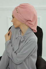Instant Aerobin Turban with Gold Chain Detail, Pre-Tied Cotton Blend Hijab Cap, Elegant Modest Headwrap for Women,HT-93 Pink