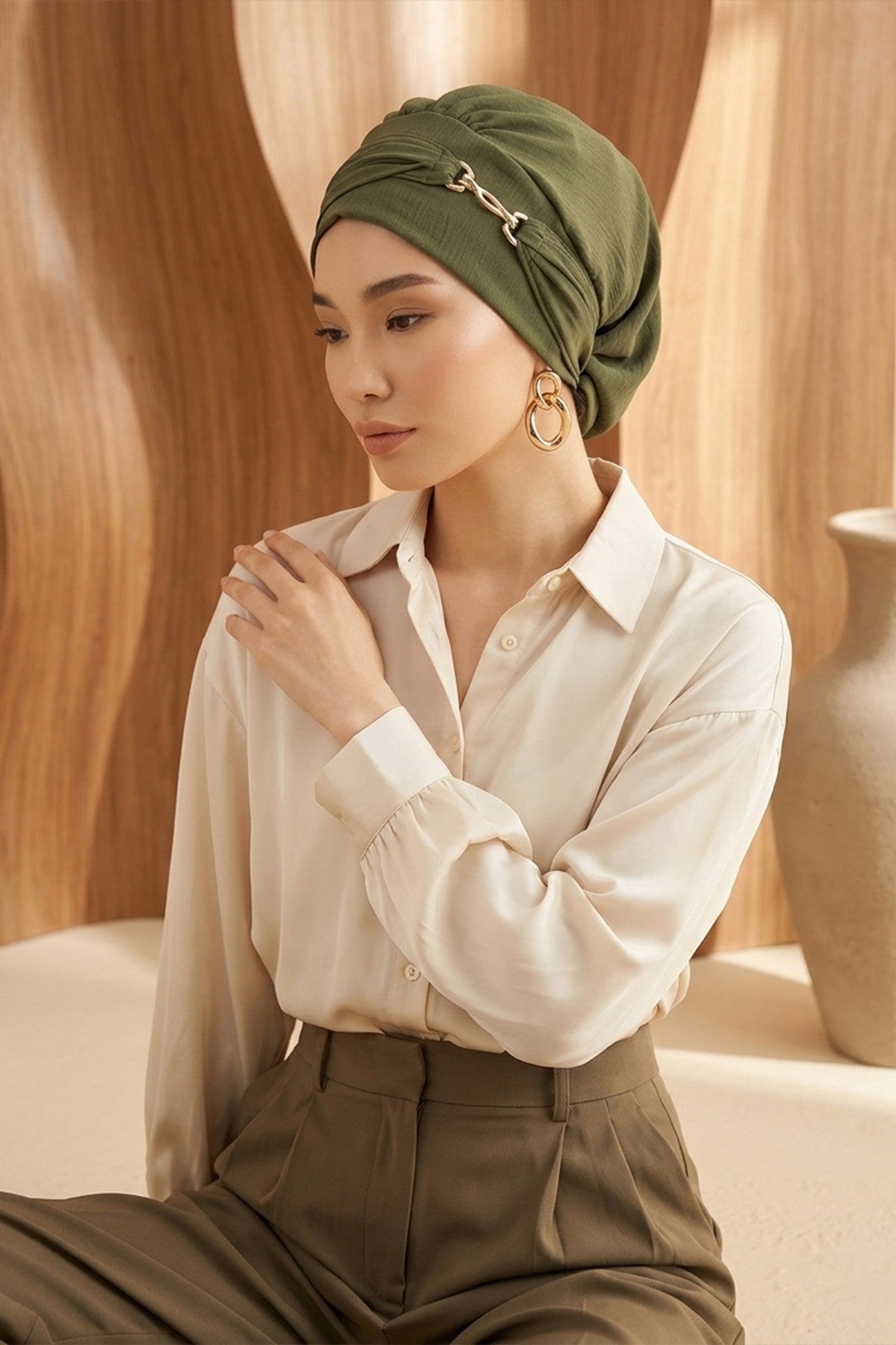Instant Aerobin Turban with Gold Chain Detail, Pre-Tied Cotton Blend Hijab Cap, Elegant Modest Headwrap for Women,HT-93 Army Green