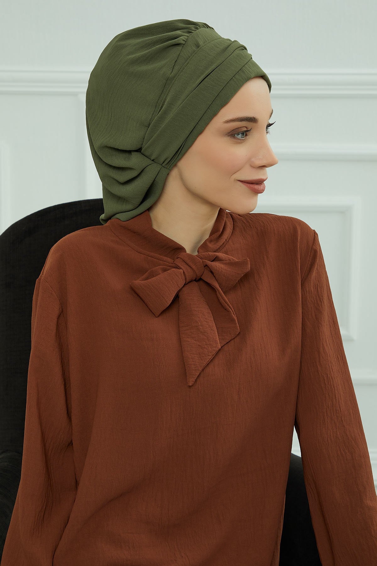 Instant Aerobin Turban with Gold Chain Detail, Pre-Tied Cotton Blend Hijab Cap, Elegant Modest Headwrap for Women,HT-93 Army Green