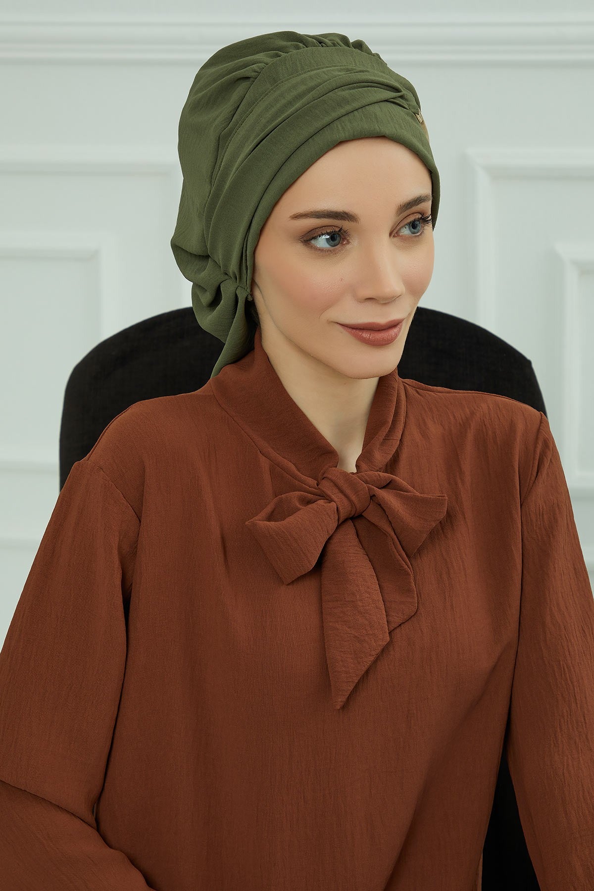 Instant Aerobin Turban with Gold Chain Detail, Pre-Tied Cotton Blend Hijab Cap, Elegant Modest Headwrap for Women,HT-93 Army Green