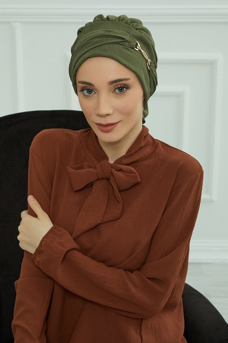Instant Aerobin Turban with Gold Chain Detail, Pre-Tied Cotton Blend Hijab Cap, Elegant Modest Headwrap for Women,HT-93