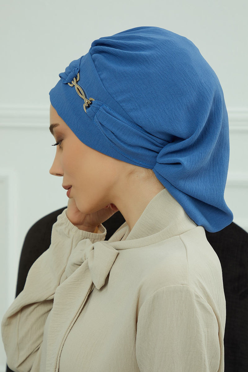 Instant Aerobin Turban with Gold Chain Detail, Pre-Tied Cotton Blend Hijab Cap, Elegant Modest Headwrap for Women,HT-93