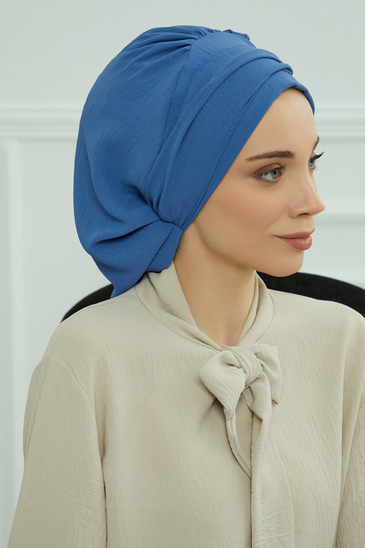 Instant Aerobin Turban with Gold Chain Detail, Pre-Tied Cotton Blend Hijab Cap, Elegant Modest Headwrap for Women,HT-93 Blue