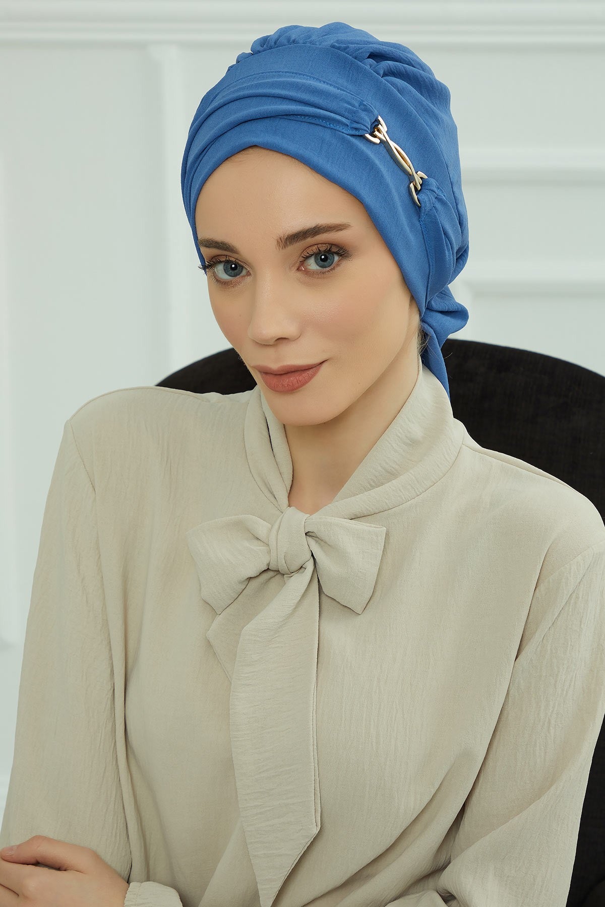 Instant Aerobin Turban with Gold Chain Detail, Pre-Tied Cotton Blend Hijab Cap, Elegant Modest Headwrap for Women,HT-93 Blue