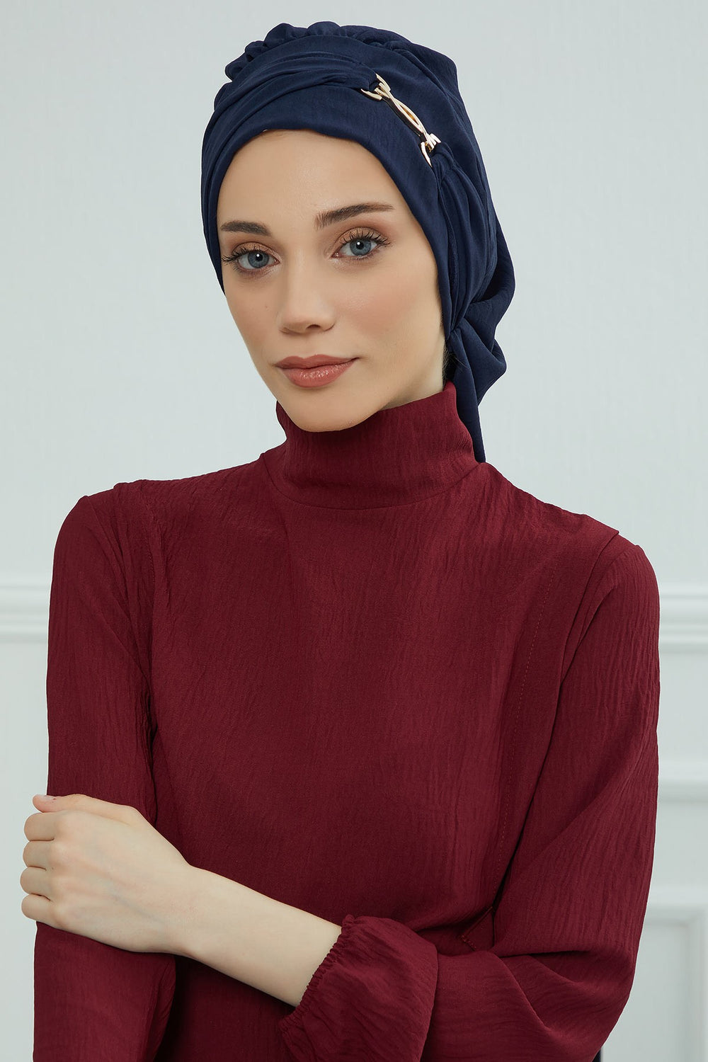 Instant Aerobin Turban with Gold Chain Detail, Pre-Tied Cotton Blend Hijab Cap, Elegant Modest Headwrap for Women,HT-93 Navy Blue