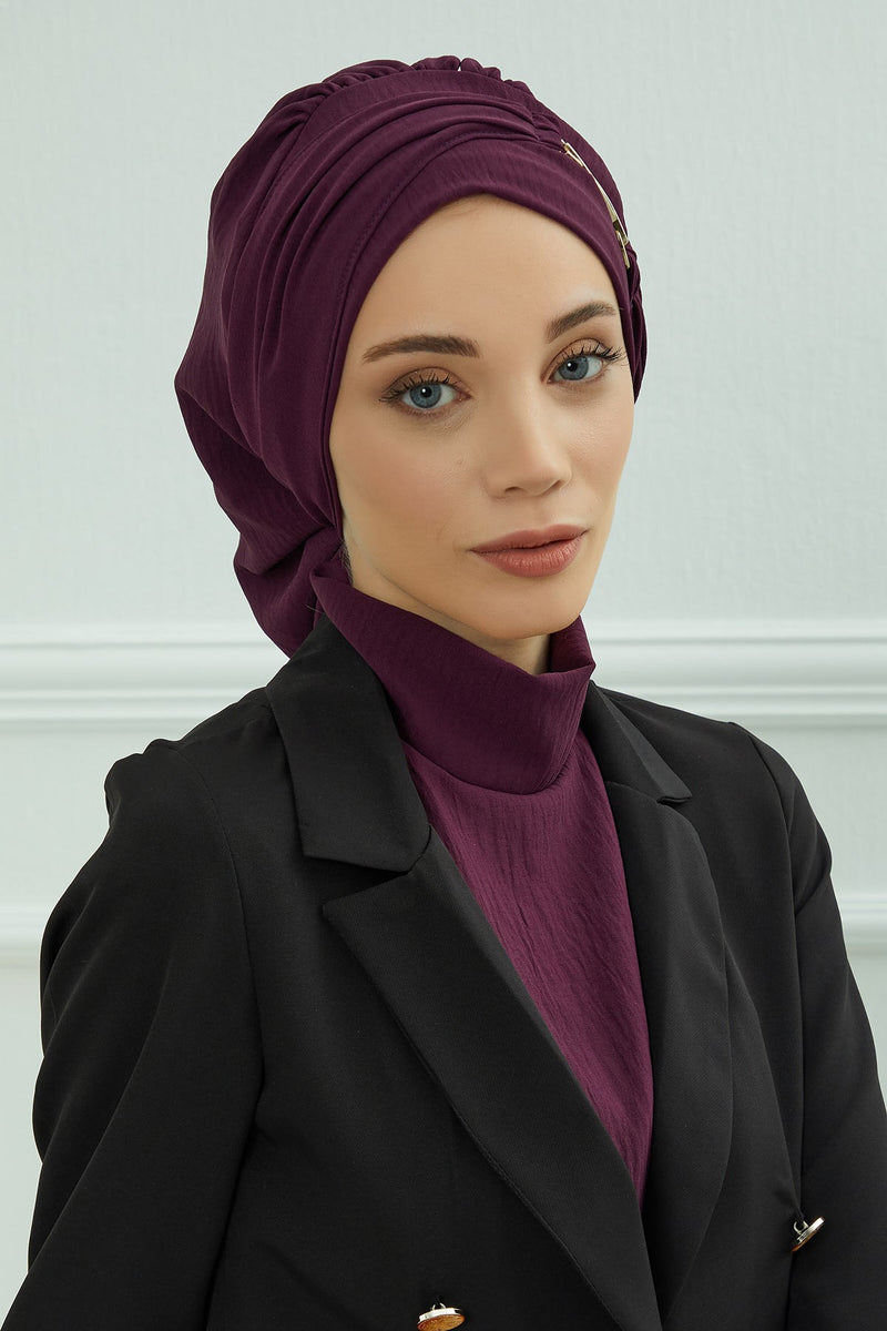 Instant Aerobin Turban with Gold Chain Detail, Pre-Tied Cotton Blend Hijab Cap, Elegant Modest Headwrap for Women,HT-93