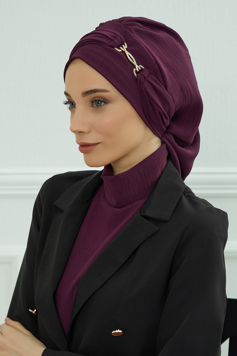 Instant Aerobin Turban with Gold Chain Detail, Pre-Tied Cotton Blend Hijab Cap, Elegant Modest Headwrap for Women,HT-93