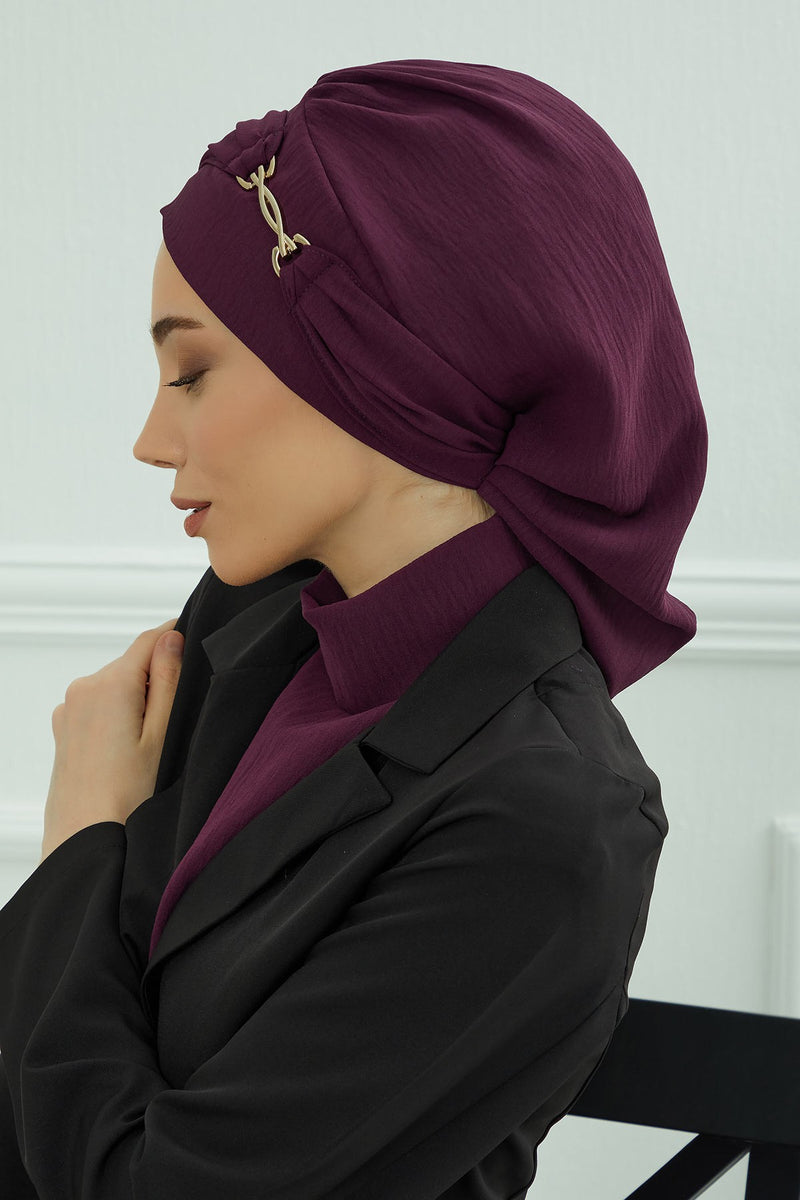 Instant Aerobin Turban with Gold Chain Detail, Pre-Tied Cotton Blend Hijab Cap, Elegant Modest Headwrap for Women,HT-93