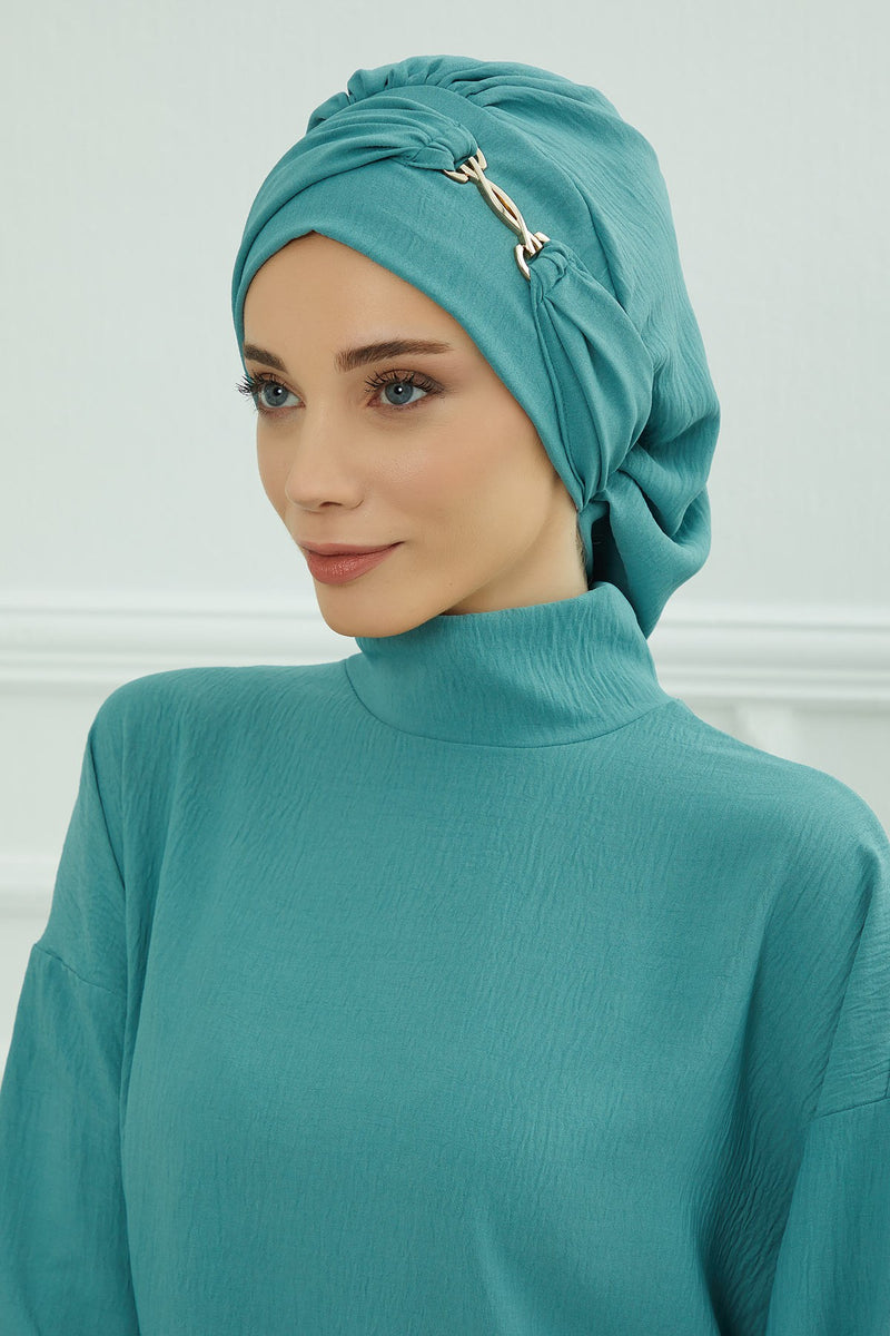 Instant Aerobin Turban with Gold Chain Detail, Pre-Tied Cotton Blend Hijab Cap, Elegant Modest Headwrap for Women,HT-93