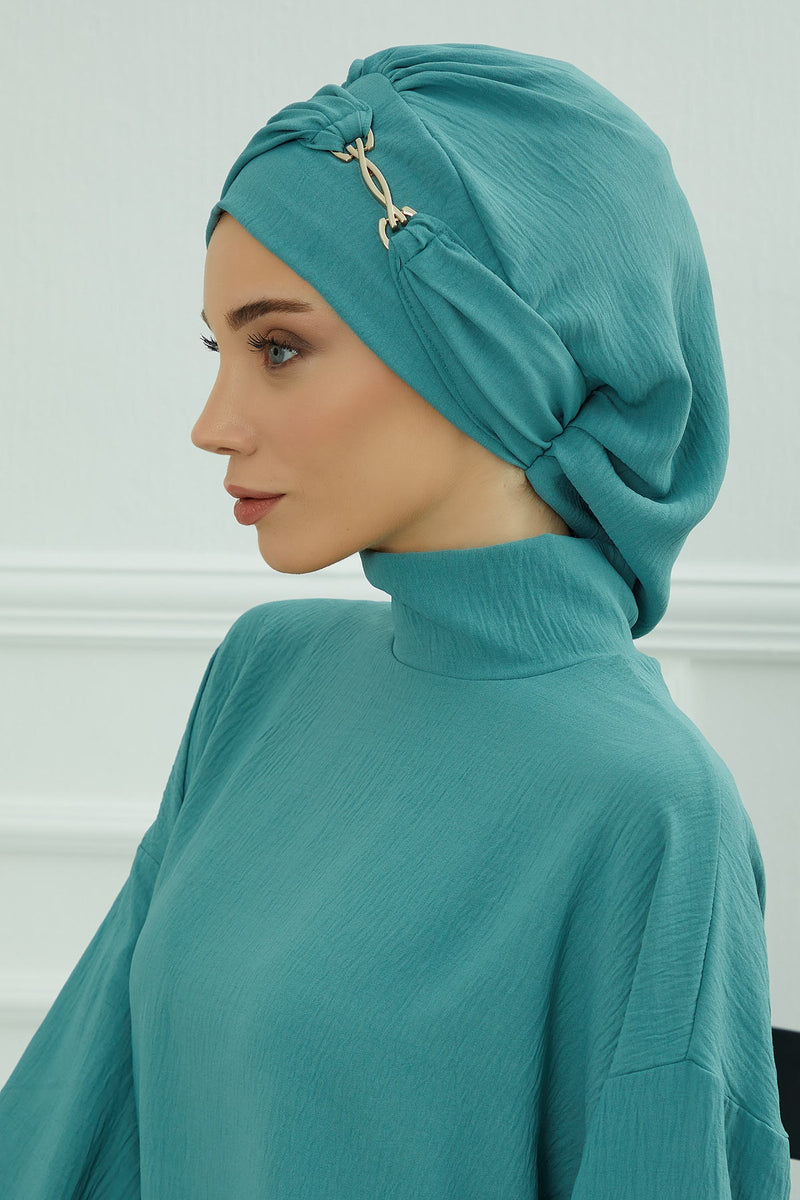 Instant Aerobin Turban with Gold Chain Detail, Pre-Tied Cotton Blend Hijab Cap, Elegant Modest Headwrap for Women,HT-93