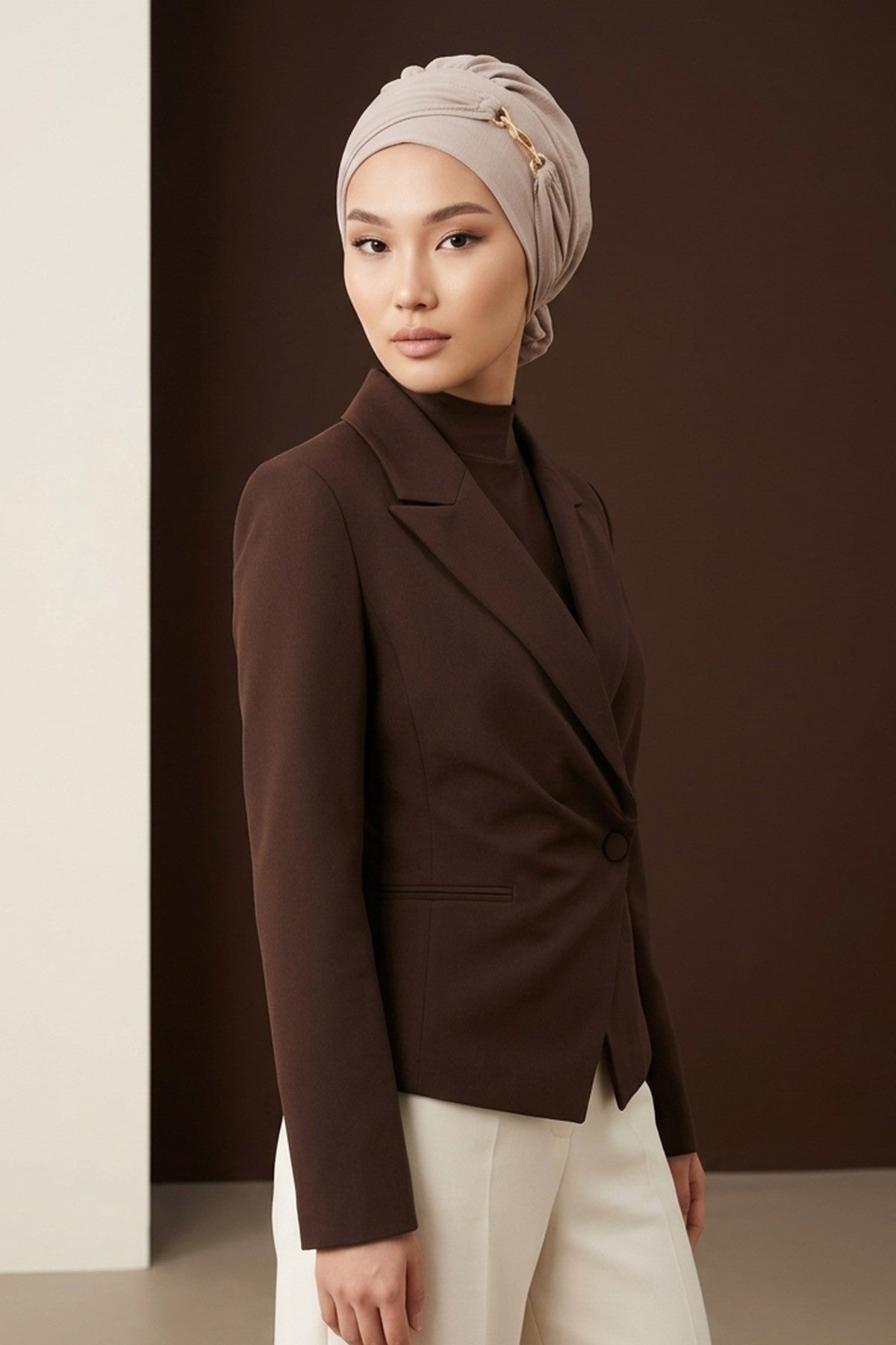 Instant Aerobin Turban with Gold Chain Detail, Pre-Tied Cotton Blend Hijab Cap, Elegant Modest Headwrap for Women,HT-93 Mink