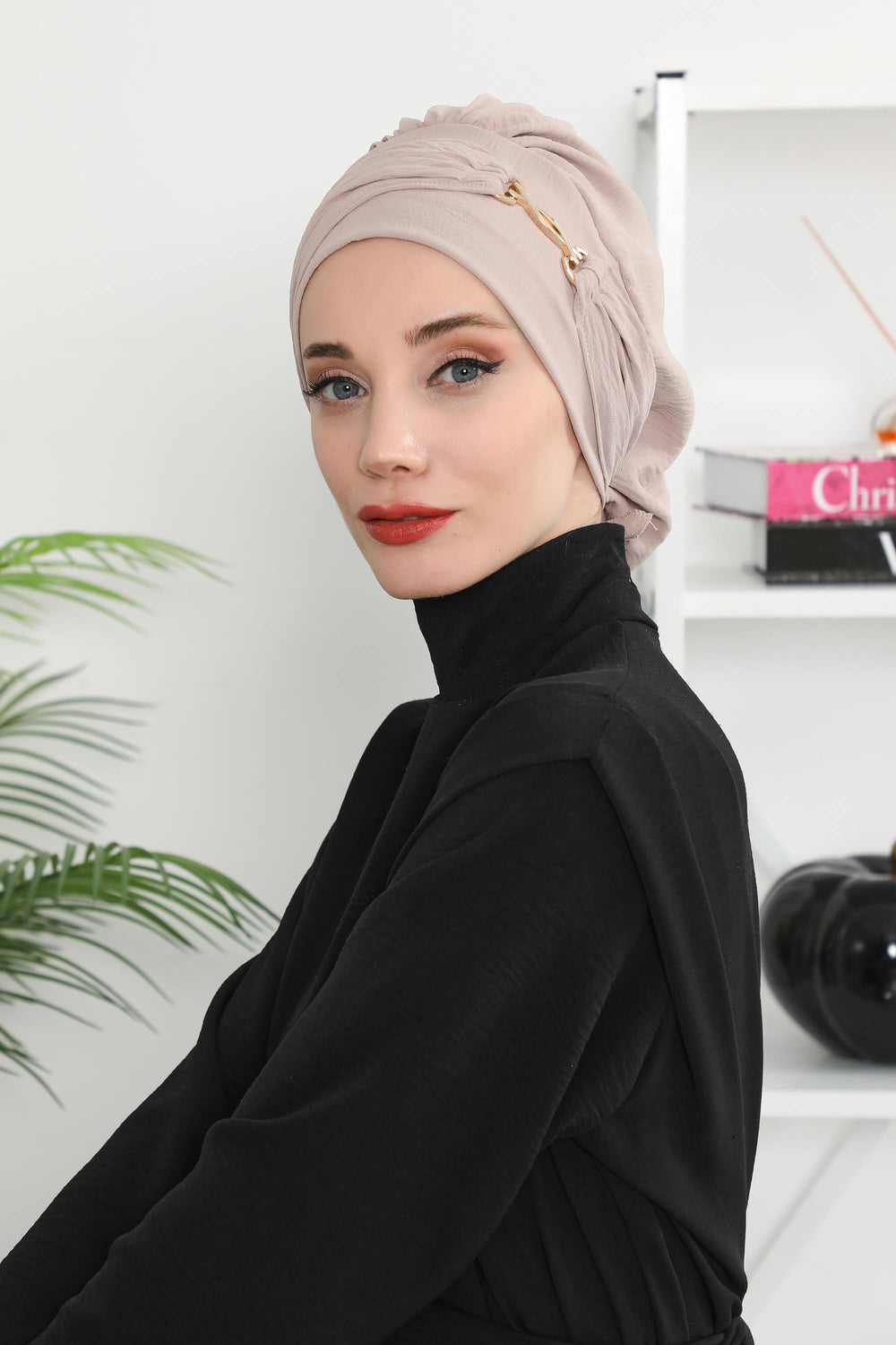 Instant Aerobin Turban with Gold Chain Detail, Pre-Tied Cotton Blend Hijab Cap, Elegant Modest Headwrap for Women,HT-93 Mink
