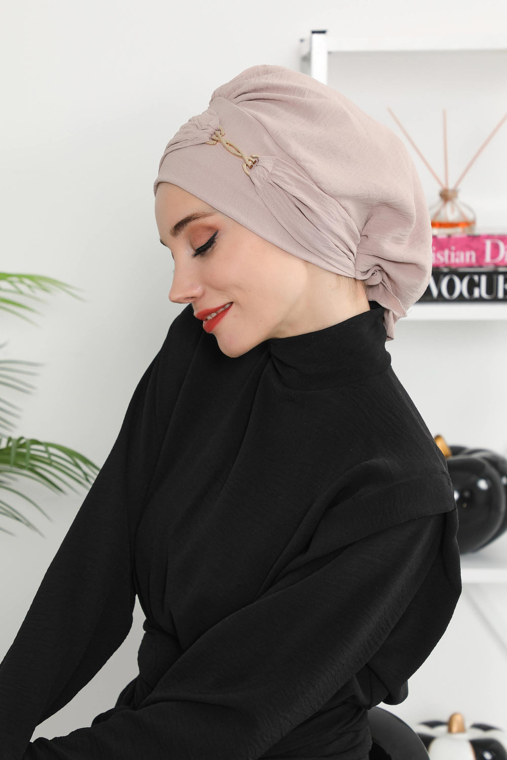 Instant Aerobin Turban with Gold Chain Detail, Pre-Tied Cotton Blend Hijab Cap, Elegant Modest Headwrap for Women,HT-93 Mink