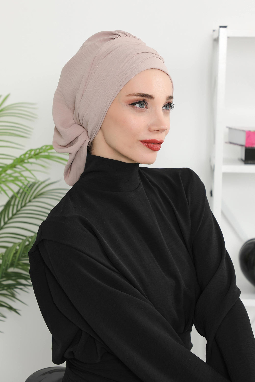 Instant Aerobin Turban with Gold Chain Detail, Pre-Tied Cotton Blend Hijab Cap, Elegant Modest Headwrap for Women,HT-93 Mink
