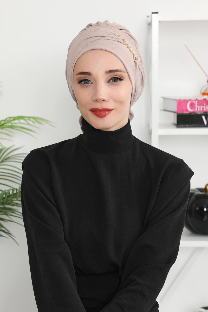 Instant Aerobin Turban with Gold Chain Detail, Pre-Tied Cotton Blend Hijab Cap, Elegant Modest Headwrap for Women,HT-93