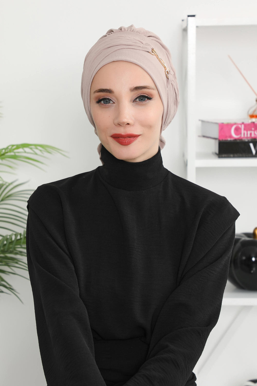 Instant Aerobin Turban with Gold Chain Detail, Pre-Tied Cotton Blend Hijab Cap, Elegant Modest Headwrap for Women,HT-93 Mink