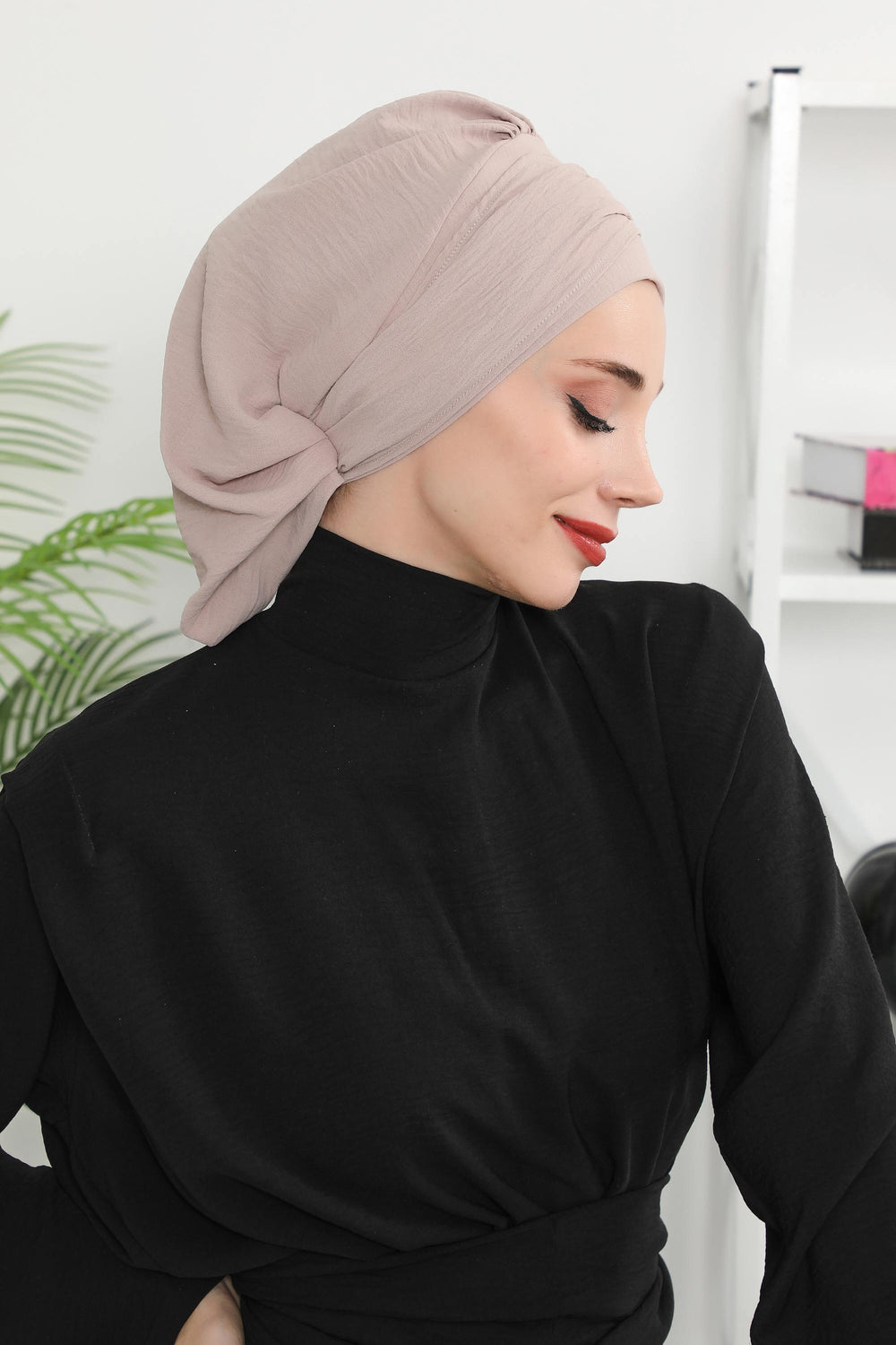 Instant Aerobin Turban with Gold Chain Detail, Pre-Tied Cotton Blend Hijab Cap, Elegant Modest Headwrap for Women,HT-93 Mink