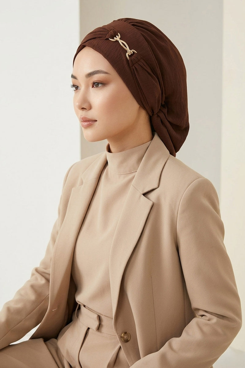 Instant Aerobin Turban with Gold Chain Detail, Pre-Tied Cotton Blend Hijab Cap, Elegant Modest Headwrap for Women,HT-93