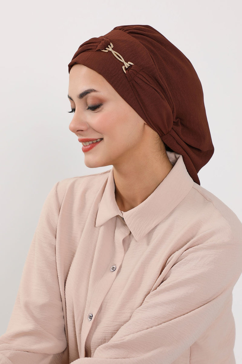 Instant Aerobin Turban with Gold Chain Detail, Pre-Tied Cotton Blend Hijab Cap, Elegant Modest Headwrap for Women,HT-93