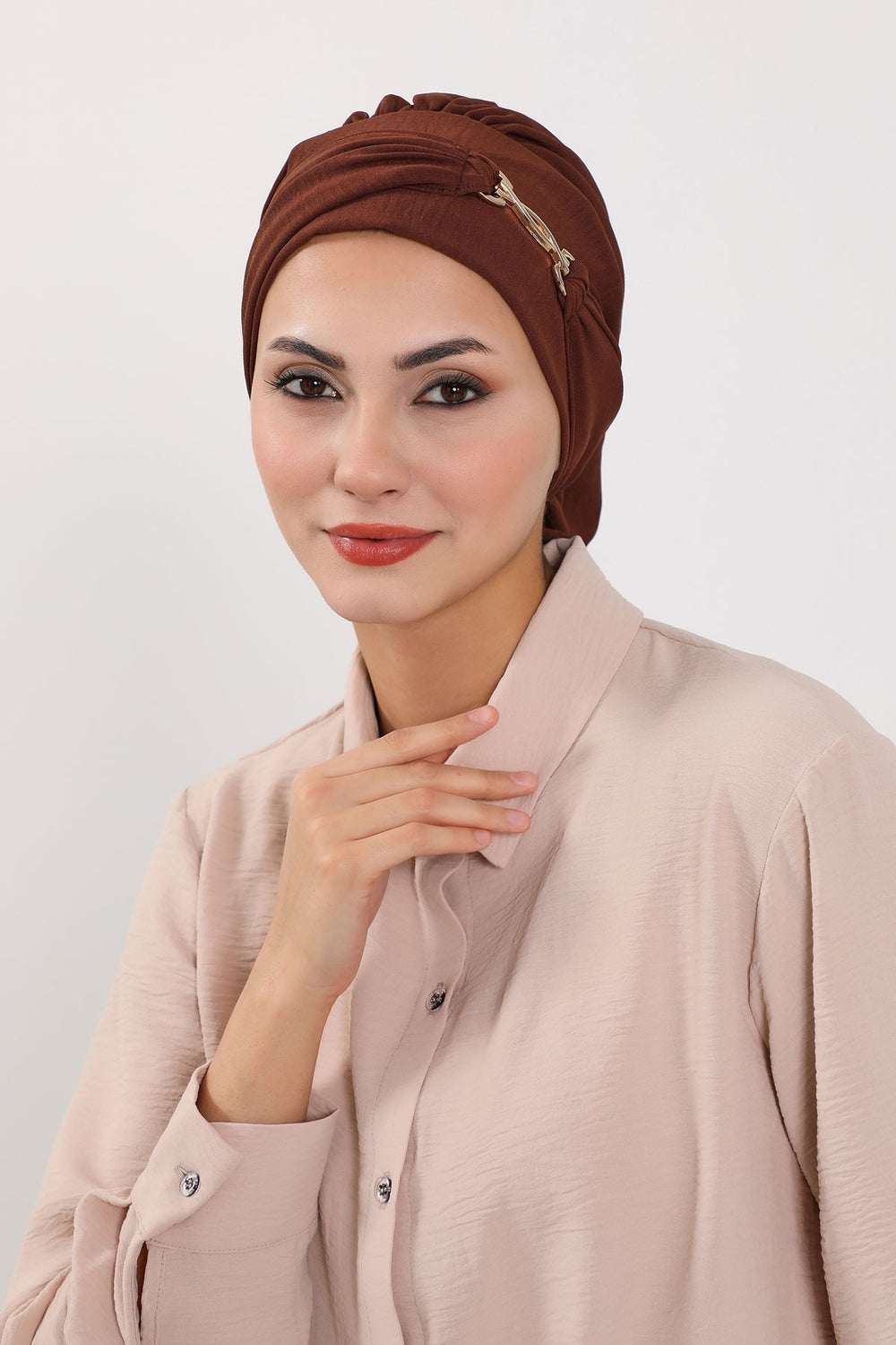 Instant Aerobin Turban with Gold Chain Detail, Pre-Tied Cotton Blend Hijab Cap, Elegant Modest Headwrap for Women,HT-93 Brown