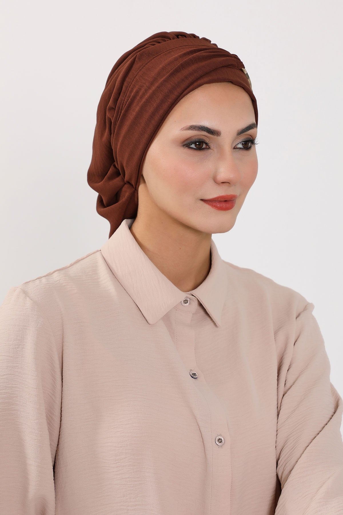 Instant Aerobin Turban with Gold Chain Detail, Pre-Tied Cotton Blend Hijab Cap, Elegant Modest Headwrap for Women,HT-93 Brown