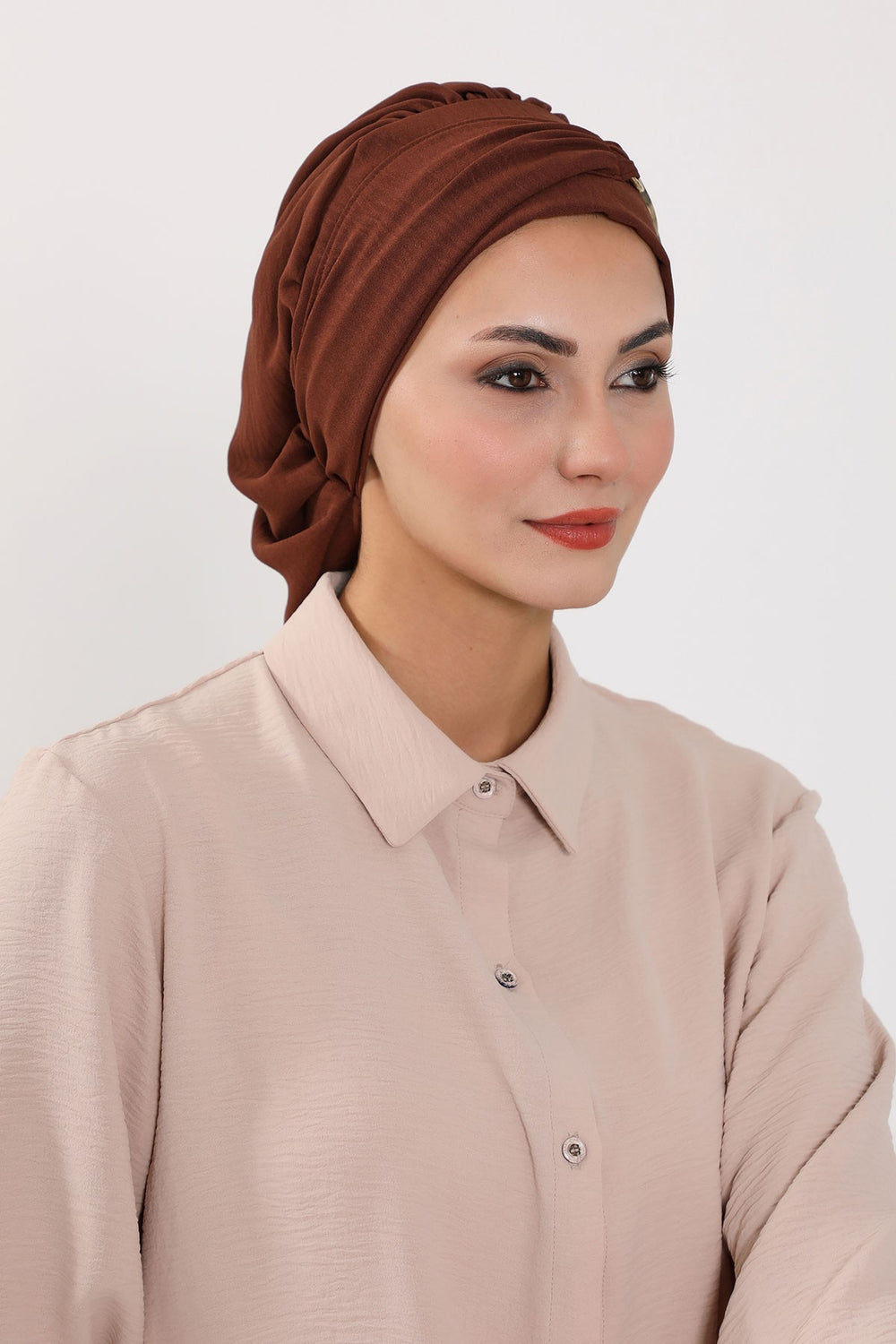Instant Aerobin Turban with Gold Chain Detail, Pre-Tied Cotton Blend Hijab Cap, Elegant Modest Headwrap for Women,HT-93 Brown