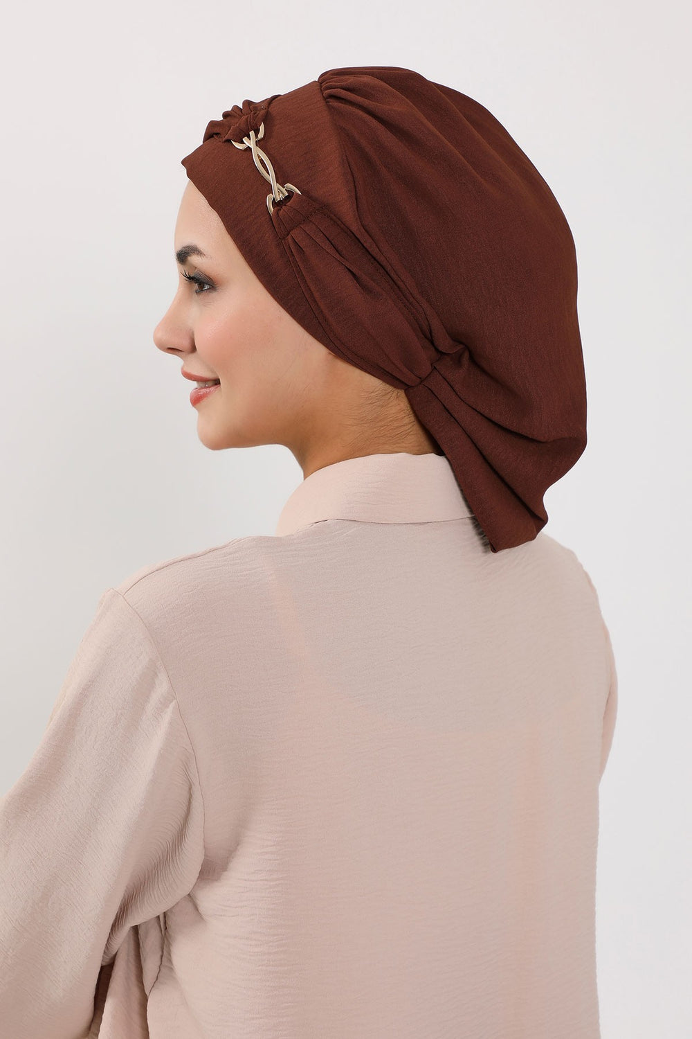 Instant Aerobin Turban with Gold Chain Detail, Pre-Tied Cotton Blend Hijab Cap, Elegant Modest Headwrap for Women,HT-93 Brown