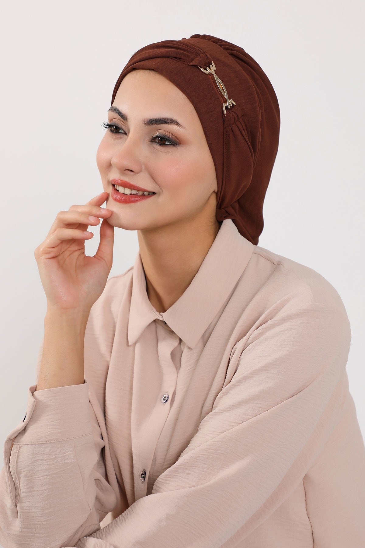 Instant Aerobin Turban with Gold Chain Detail, Pre-Tied Cotton Blend Hijab Cap, Elegant Modest Headwrap for Women,HT-93 Brown