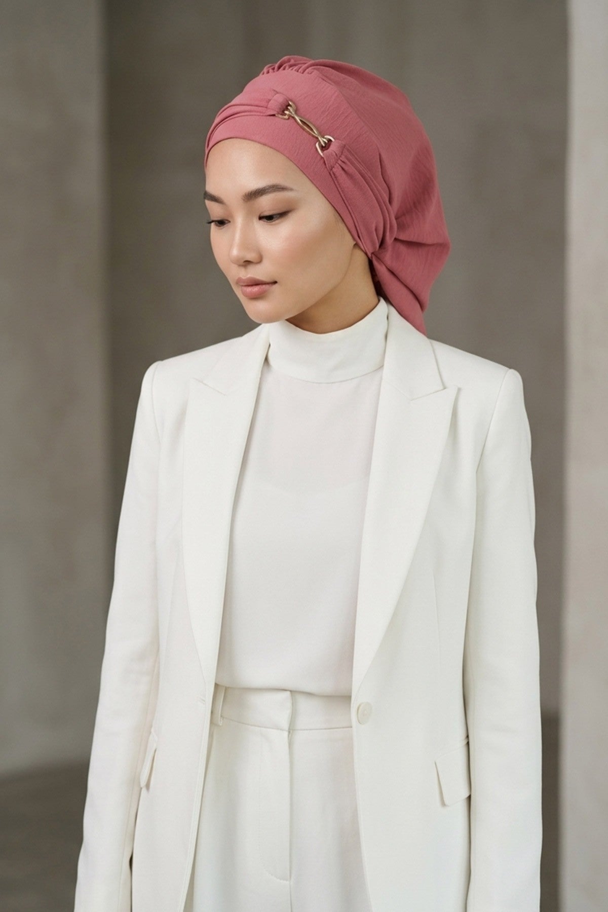 Instant Aerobin Turban with Gold Chain Detail, Pre-Tied Cotton Blend Hijab Cap, Elegant Modest Headwrap for Women,HT-93 Dark Pink