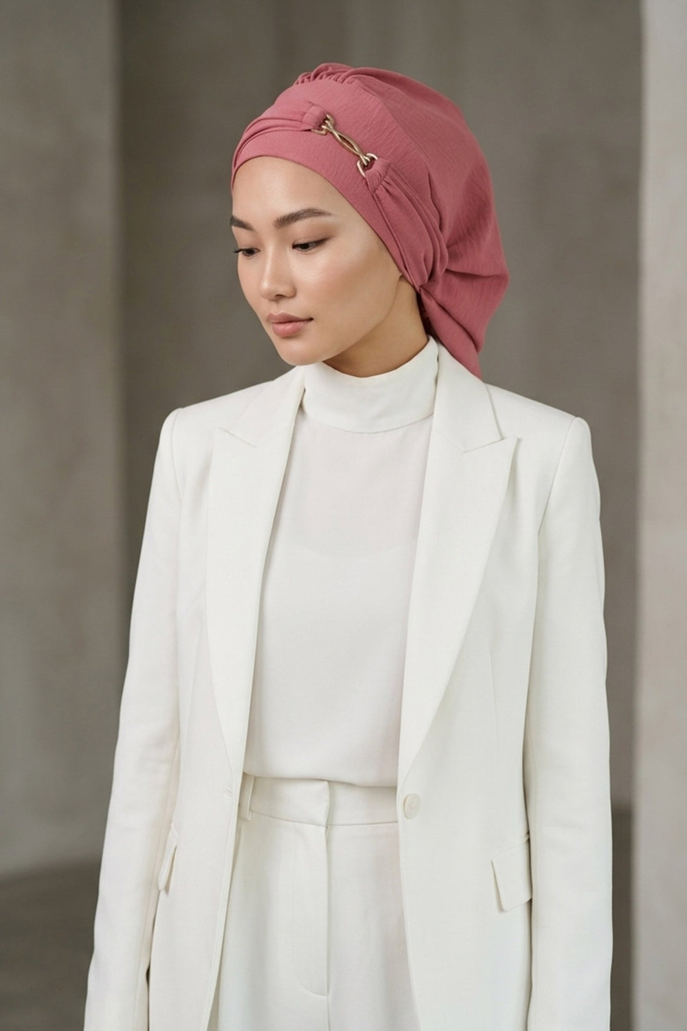 Instant Aerobin Turban with Gold Chain Detail, Pre-Tied Cotton Blend Hijab Cap, Elegant Modest Headwrap for Women,HT-93 Dark Pink