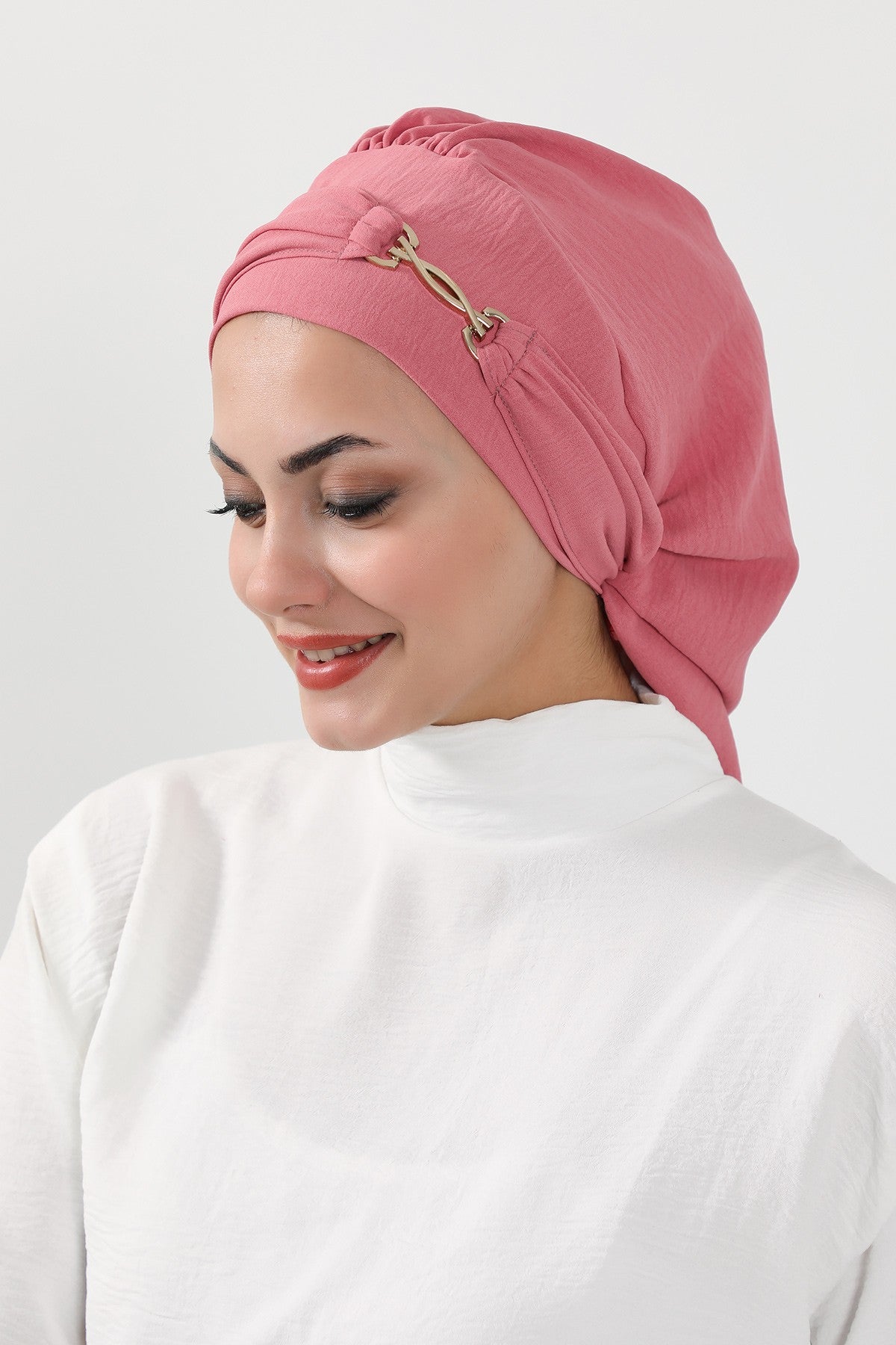 Instant Aerobin Turban with Gold Chain Detail, Pre-Tied Cotton Blend Hijab Cap, Elegant Modest Headwrap for Women,HT-93 Dark Pink