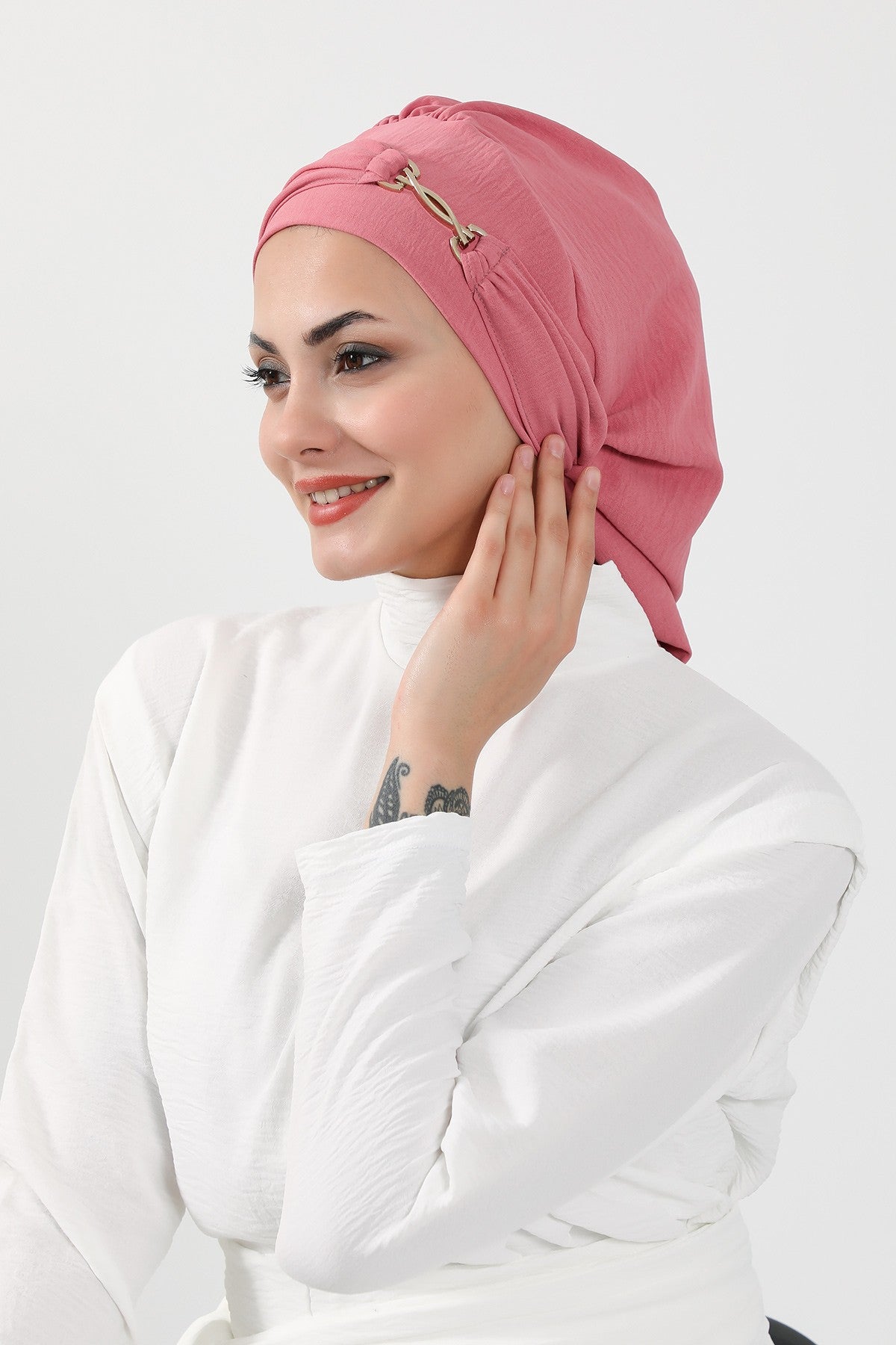 Instant Aerobin Turban with Gold Chain Detail, Pre-Tied Cotton Blend Hijab Cap, Elegant Modest Headwrap for Women,HT-93 Dark Pink