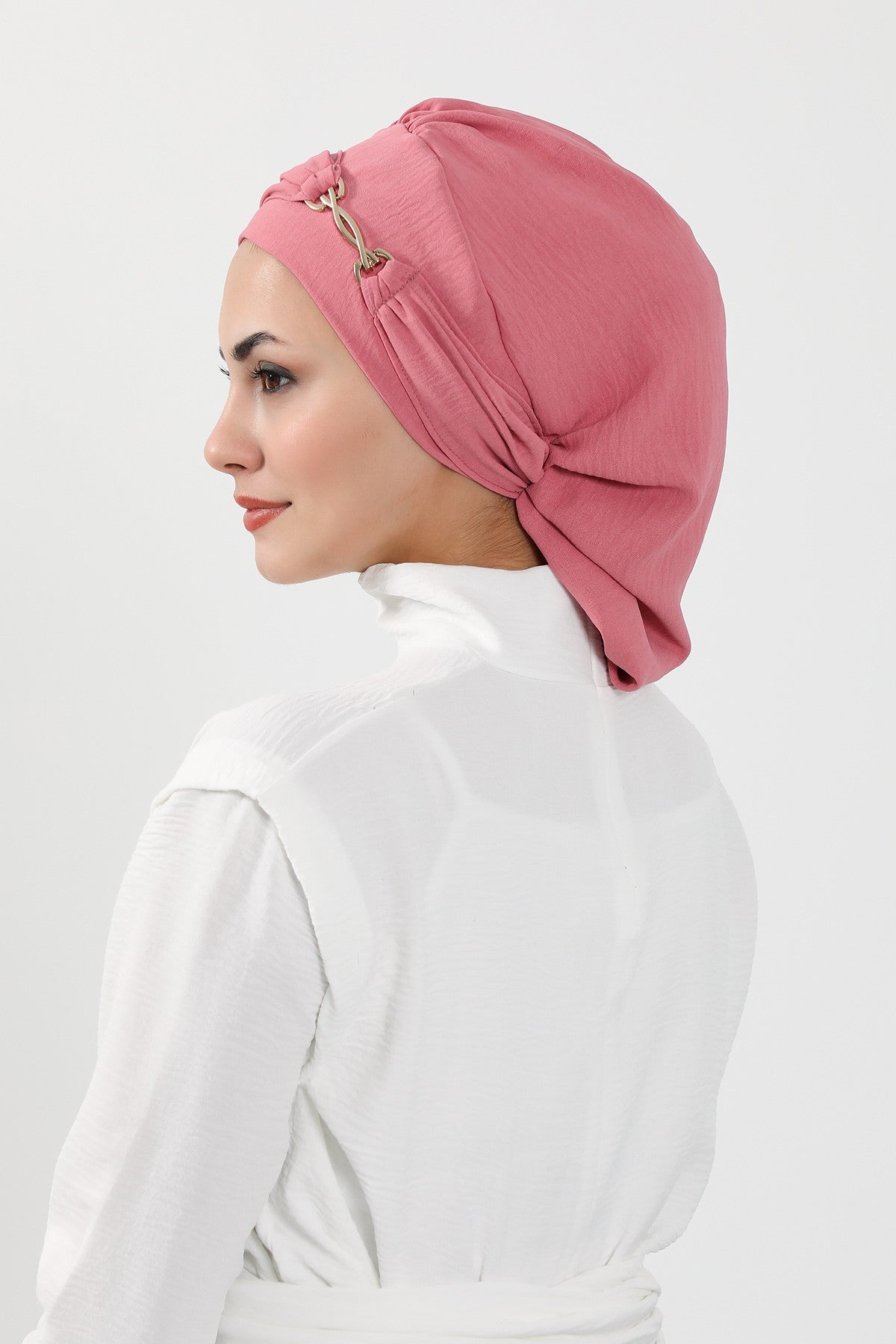 Instant Aerobin Turban with Gold Chain Detail, Pre-Tied Cotton Blend Hijab Cap, Elegant Modest Headwrap for Women,HT-93 Dark Pink